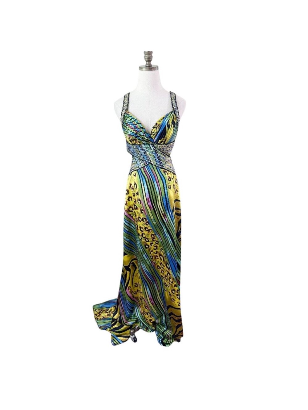 Cache Yellow, Blue & Green Patterned Prom Dress